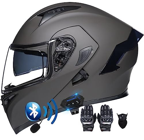 Letetexi Casques Moto Modulable avec Anti-buée Double Visière Casque Scooter Racing avec Gants et Masque Casque Motocross Intégraux Homologué ECE Bluetooth Homme Femme S~XXL