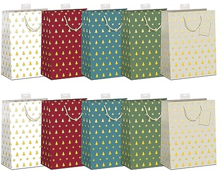 Geschenktüten Weihnachten DIN A5 | Stabiler Boden, Randverstärkung & Karte | Geschenktaschen Weihnachten, Weihnachtstüten | 18x23x10cm | FSC®-zertifiziertes Papier (150 g/m²) | 10 Stück
