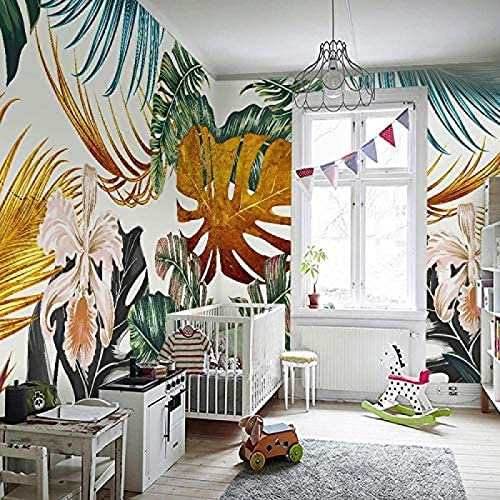 Tapete Foto Modern 3D Aquarell Malerei Goldene Pflanze Blätter Blumen Wandfarbe Wohnzimmer Esszimmer Wasserdic Tapeten Wohnkultur Fototapete 3D Effekt Wohnzimmer Schlafzimmer Kinderzimmer-300cm×210cm