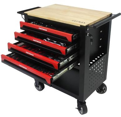 PULLAFUN Rolling Tool Cart with 4-Drawer Tool Box,Tool Chest with Wheels and Wooden Top,Tool Storage Organizer Cabinets for Garage, Warehouse, Repair Shop,400 LBS Capacity, W110265906