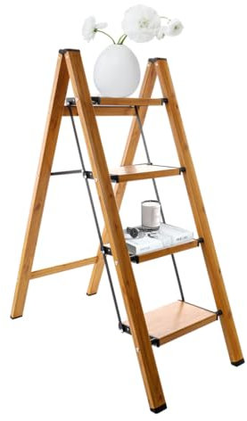 ARIIKON Scaletta Pieghevole in Alluminio a 4 Gradini, Scala Domestica con Pedale Largo Antiscivolo, Portatile Sgabello Salvaspazio, Portata max 150kg, Colore Venature del Legno + Nero