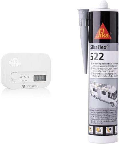 Smartwares Kohlenmonoxid melder, 10 Jahre Sensor, mit Display und Testknopf - FGA-13041 & Sikaflex 522 Caravan stahlgrau 300ml STP universeller Klebstoff, Dichtstoff, UV