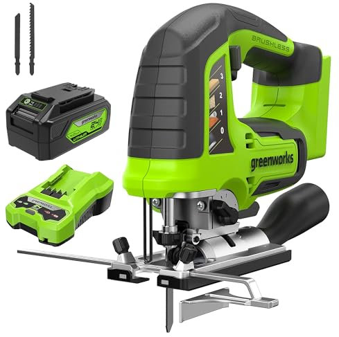 Greenworks 24V Jig Saw,Brushless 1 Inch Jigsaw,3000 SPM,45° Cutting Angle,4 Settings Orbital Motion,24V Charger and 4Ah USB Battery
