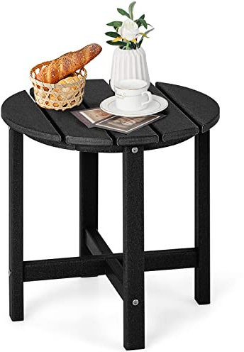 GOPLUS Gartentisch klein, Beistelltisch Outdoor aus HDPE, Kaffeetisch, Balkontisch wetterfest, Bistrotisch, Platzsparend für Wohnzimmer Schlafzimmer, Terrasse Hof & Garten (Rund, Schwarz)