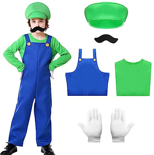 Alaiyaky Mario Costume per bambini, 6 pezzi, Mario e Luigi, costume Mario Cosplay con maglietta, salopette, cappello, guanti, barba, super idraulico, per Carnevale, Halloween (verde, XL)