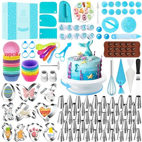 AZOMKER Torten Zubehör, Backzubehör, Tortenplatte Drehbar, Backset, Tortendrehteller, Spritztüllen Set, Torten Zubehör Set, Torten Set (314 Stück)