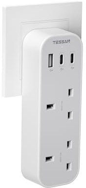 USB C Charger Plug Adapter UK, TESSAN Double Plug Extension Socket with Multi USB Charging Station, MultiPlug Extender for Home, Office, Kitchen, School Supplies