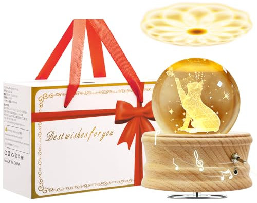 MJKOPEE Spieluhr Kristallkugel mit Licht, 3D Spieluhren 360°Drehbar Holzsockel,Musical Box für Kinder/Erwachsene/Mama/Muttertags/Geburtstag/Weihnachten Gedenkgeschenke (Katze)