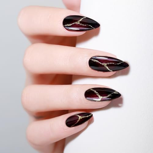 24 PCS Red Black False Nails, Medium Press-on Nails, Stick on Nails mit Nail Glue, Full Coverage Fake NAils, Black and Red False NAIL Tips, Almond-shaped Artificial NAILS for Women and Girls