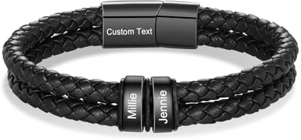 kaululu Personalisierte Herren Lederarmband mit Namen Graviert Perlenarmband Schwarz Braun für Männer Papa Opa Freund Vatertag Geschenke Weihnachten Personalisierte Geschenke Männer (Schwarz-2)
