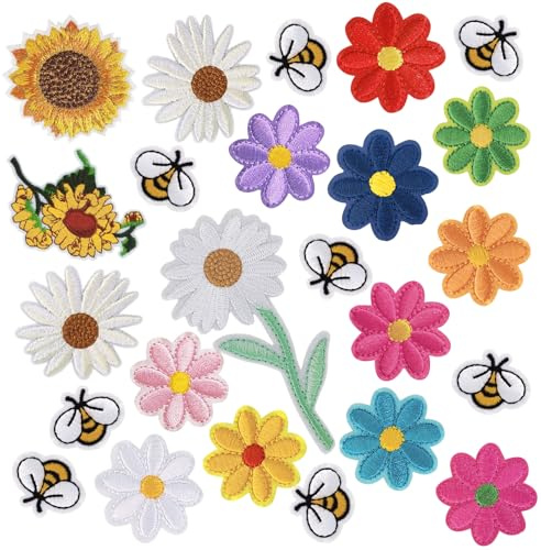 IANZE Flower Iron on Patches, Embroidered Sunflower & Bees Patches for Clothing, Jeans, Hats, T-Shirts, Backpacks, Etc(36Pcs)