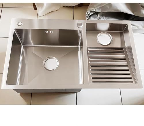 DSMRLEOP Lavabo de acero inoxidable SUS 304 con tabla de lavado integrada, fregadero de doble tazón fácil de limpiar para baño, cocina y balcón, duradero y versátil (plateado-izquierdo, 80 °C