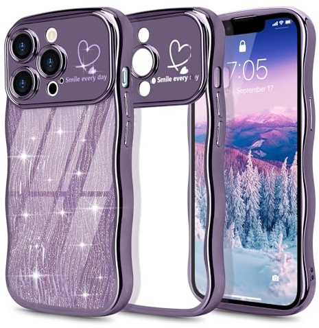 Wirvyuer Kompatibel mit iPhone 14 Pro Max Hülle Glitzer Wellen Lockige Form Handyhülle mit abnehmbaren Glitter Karte Transparent Schutzhülle Weiche Silikon Case für iPhone 14 Pro Max Dunkellila