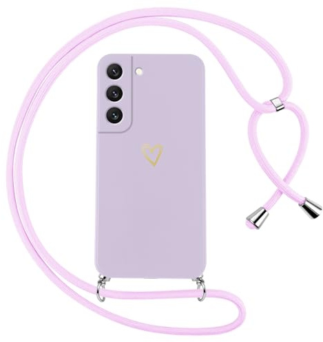 Oelrstfe Coque pour Samsung Galaxy S21 Plus 5G avec Cordon de Collier Étui Housse Souple Silicone avec Motif Coeur et Portable Lanyard Réglable Antichoc Anti-Chute Bandoulière Lanière Case,Violet