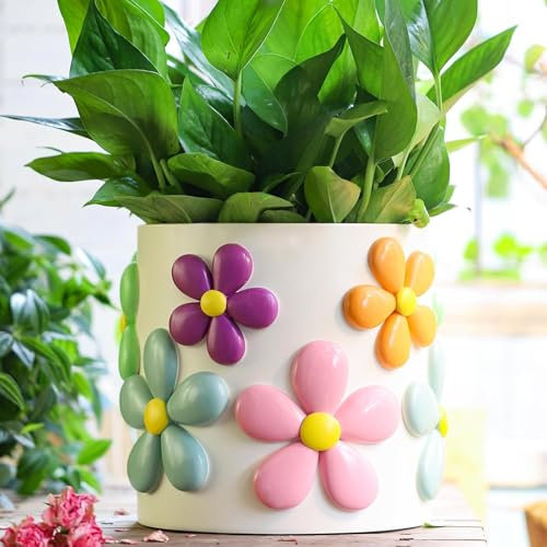 AmiCera Bunte Blumen Blumentopf 20cm, Niedliche Einzigartige Übertöpfe für Zimmerpflanzen, Vintage Eklektische Pflanztöpfe mit Drainage, Boho Modern Übertopf Home Décor Funky Garden Geschenk, Weiß