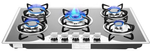 Gaskochfeld 5 Flammig, Gaskocher Innenbereich Gaskochfeld Flüssiggas Erdgas Elektronische Pulszündung, Camping Gaskocher Gas Burner für Haus und Restaurant (Schwarz)