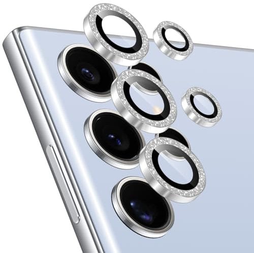 Rainway Camera Lens Protector for Samsung Galaxy S22 Ultra, Glitter Decoration Individual Lens Protectors, Ultra-tough HD Tempered Glass with Aluminum Rim, Ultra-thin, Silver