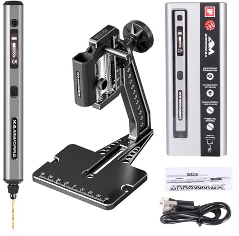 Mini trapano elettrico a 5 velocità con pressa da banco Hedgehog, 10 punte piccole ARROWMAX con scatola in alluminio, display OLED, luci LED, mandrino autoserrante da 3/32 pollici (SDS ULTRA PLUS)