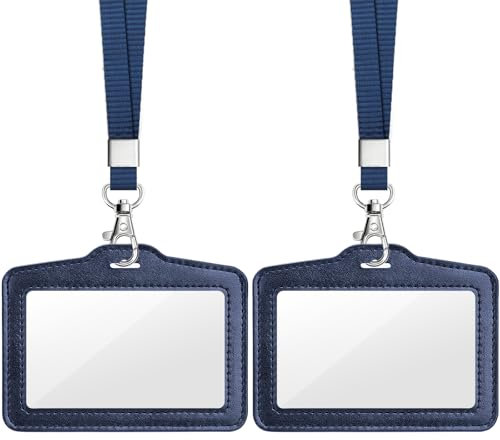 Teskyer 2 Pezzi Porta Badge da Collo - Bifacciale Trasparente, Pelle Sintetica, Doppio Slot per Carte, Orizzontale, per Lavoro, Affari, Autobus, Pass, Blu