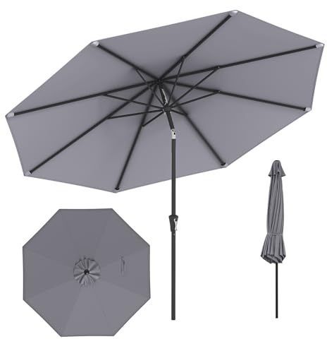RELAX4LIFE Parasol Droit Inclinable 3M, Parasol de Jardin Extérieur 3M Rond, Inclinaison 25°, 8 Baleines, Manivelle, Polyester Résistant, Protection Solaire pour Balcon Terrasse (Gris)