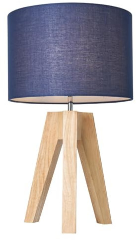 LITECRAFT Devlin Table Lamp Wooden Tripod Base with Drum Shade - (Natural, Navy)