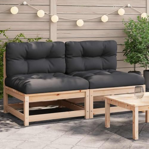 Gartensofas ohne Armlehnen 2er Set mit Kissen aus Massivholz Kiefer, Outdoor Gartenmöbel für Terrasse Balkon, Modulares Design, Wetterfest, Bequem mit Polsterkissen, Tragkraft 110 kg pro Sitz