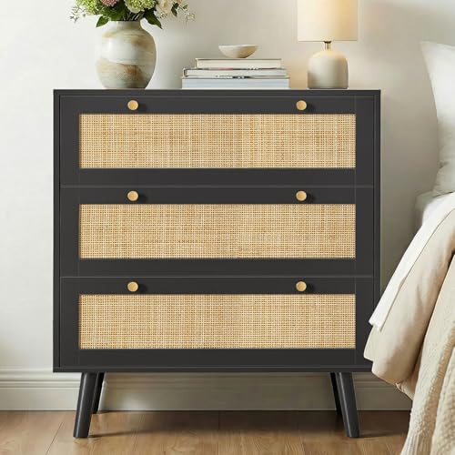 Yvsevnr Rattan Kommode mit 3 Schubladen Schwarz Sideboard Schlafzimmer Holz Komodenschrank mit Viel Stauraum, Kippschutz, Schubladenschrank für Büro, Wohnzimmer, Schlafzimmer, Flur 80 x 40 x 91.5 cm