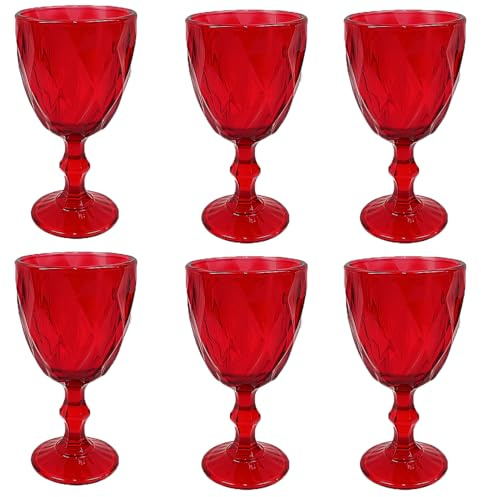 Set 6 Bicchieri Rossi a Calice da Acqua 340 ml Eleganti per la Tavola Natalizia Calici con Piede Effetto Diamante Eleganti per le Feste di natale e Occasioni Speciali