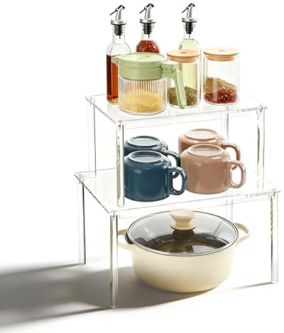 GWBPES Clear Küchen Organizer, 2 Stück Küchenschrank Organizer Clear Gewürzregal Stapelbar Durchsichtiges Schrankorganizer Regal Acryl Schrankorganizer für Schminktisch Schreibtisch