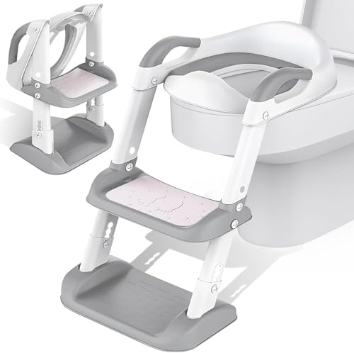 NCKIHRKK Adaptador Reductor WC Niños, Adaptador WC Bebe Niños con Escalera, Antideslizante, Plegable con PU Cojín, Portatil Orinal Asiento Baño Inodor para Inodoros en Forma de V, U y O