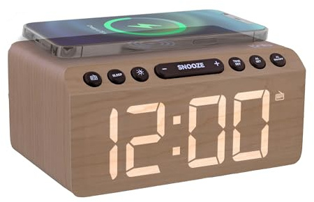 T'nB Tuner - Radio-Réveil avec Chargeur sans Fil, Réveil Multifonction | Charge Sans Fil 15 W, Affichage LED, Radio FM, Alarme Programmable, Ports USB-A et USB-C, Finition Bois, Minuteur Sommeil