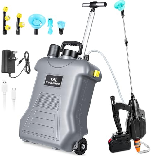 Bellanny Drucksprühgerät, 15 Liter Gartenspritze Drucksprüher, Rückenspritze Sprinkler | 21V Akku Pumpsprühflasche - 5 Düsen, 3. Gang Elektrischer Sprühflasche für Garten,Auto,Pflanzen, Unkrautspritze