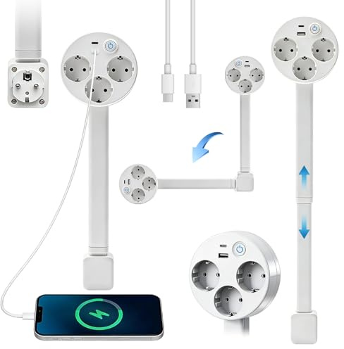 Agrdeed Enchufe Giratorio Extensible con 3 Tomas de Corriente AC, Puerto USB-C y Puerto USB-A, Orientable 180°, Extensión De Enchufe con Barra Extensible (47-67 cm) para Mesa, Oficina, Cocina
