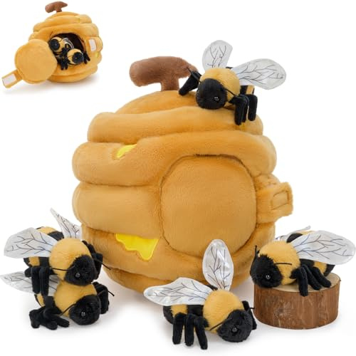 MaoGoLan groß Biene Kuscheltier XXL mit 5 Baby im Korb, 26cm weich riesen Bienen Stofftier Plüschtier Spielzeug, Honigbiene Honigbienen Geburtstag Weihnachten Geschenk für Kinder Baby