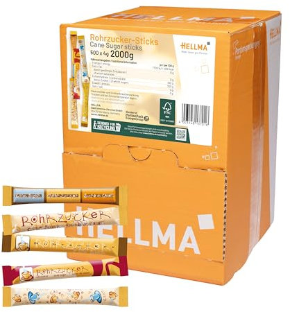 Hellma Rohrzucker-Sticks 500 Stk. je 4 g brauner Zucker - 2 kg Vorrats-Box - Zuckertütchen einzeln, für Kaffee, Tee