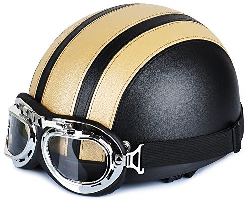 Annong Casque de Moto et Velo Bol Lunettes Retro Style de Vintage Cuir Harley Casque Moitié Helmets 54-60cm (Or)