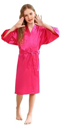 CuteOn Kinder Kids Satin Seide Kimono Robe Bademantel Morgenmantel Nachtwäsche für Spa Hochzeit Geburtstagsparty Kleid Rosen-Rot Größe 14 - (Höhe 145-160cm)