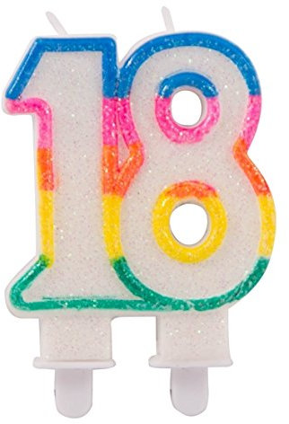 Folat 22891 Glitzerkuchenkerze Regenbogen mit Halterung – Zahl 18 – ca. 9 x 6 x 1,5 cm