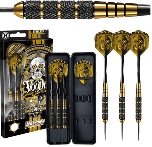 Harrows Voodoo Messingpfeile | Steeldarts-Set mit Tragetasche | 19g, 21g, 23g, 25g & 27g | Beinhaltet Speedline-Schäfte und 100-Mikron-Marathon-Voodoo-Flights 19g