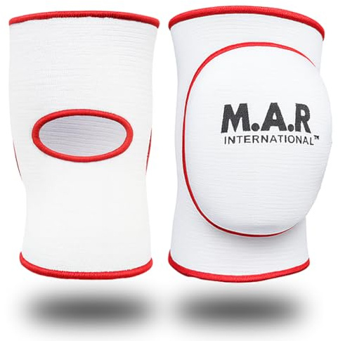 MAR | White Elasticated Knee Pads for Protection and Combat Sports, Martial Arts Knee Support for Men and Women, Karate Knee Support Brace, Taekwondo Protectors, MMA Knee Pads for Adults (L)