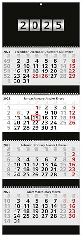 4-Monatskalender 2025 I Wandkalender mit Schieber Premium-Black 4-33,5 x 100 cm - Premium-Design-Kalender mit Wire-O-Bindung - hängt immer glatt und gerade an der Wand - schwarze Rückwand