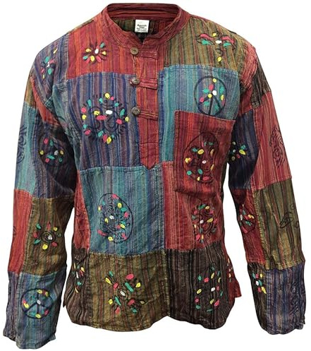Shopoholic Fashion Chemise Hippie Grand Père à Manches Longues en Coton Délavé Imprimé Patchwork pour Hommes