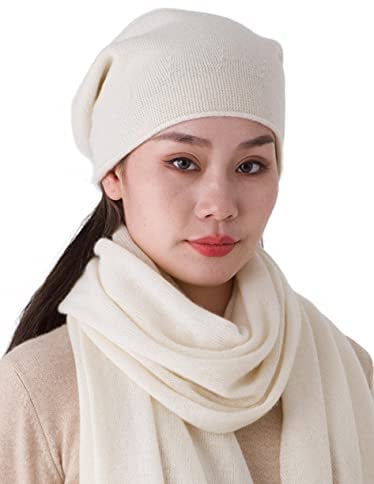 Prettystern Damen 100% Kaschmir-Wolle weich warm Cashmere Beanie Mütze Creme-weiß