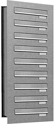 AL Briefkastensysteme 9er Briefkasten Mauerdurchwurf in V2A Edelstahl, 9 Fach DIN A4, wetterfeste Premium Briefkastenanlage Postkasten