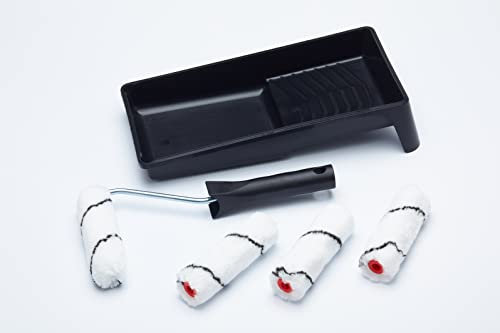 ProDec Advance Lot de 6 mini-rouleaux microfibre 100 mm poils moyens, monture et bac pour finition lisse avec émulsions et lasures sur murs intérieurs, plafonds et bois