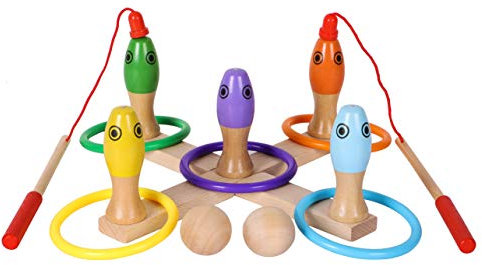 Holz Kegelspiel für Kinder - 3 in 1 Holzspielzeug Angelspiel Ringwurfspiel und Kegelspiel - Bowlingspiel für Kinder - Magnetisches Angelspiel - Holzspielzeug für 3-Jährige