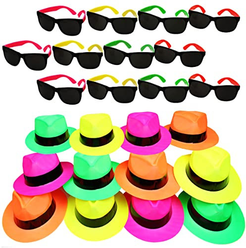 Funny Party Hats Neon Party Supplies - Fedora-Party-Hüte mit Partei-Sonnenbrille - Gangster Party - 24 Pc Set 12 Mützen & 12 Sonnenbrillen Mehrfarbig