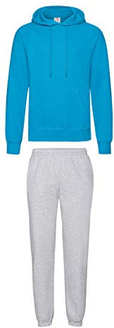 Fruit of the Loom Jogginganzug Hausanzug Sportanzug Jogginghose & Kapuzensweatshirt (L, Grau & Azure Blue)