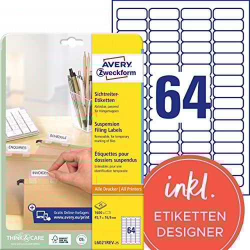 AVERY Zweckform L6021REV-25 Sichtreiteretiketten (1.600 Aufkleber, 45,7x16,9mm auf A4, selbstklebend, bedruckbar, ablösbar, ideal zur Beschriftung der Sichtreiter von Hängemappen) 25 Blatt, weiß