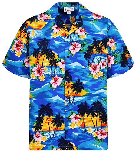 Pacific Legend Original Hawaiihemd, Kurzarm, Rosa Blüte, Blau, XL
